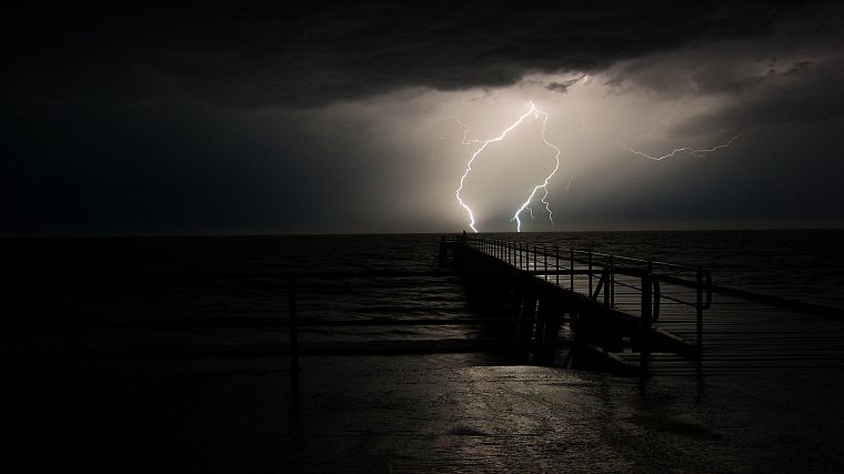 ocean, dark, storm, weather, piers, lightning - desktop wallpaper