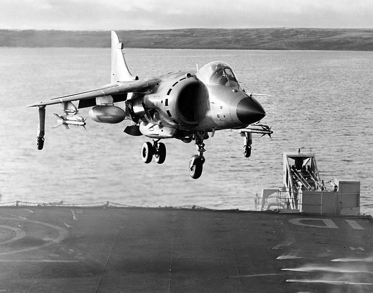 military, airplanes, grayscale, harrier, monochrome, vehicles, aircraft carriers, Sea Harrier, Falkland - desktop wallpaper