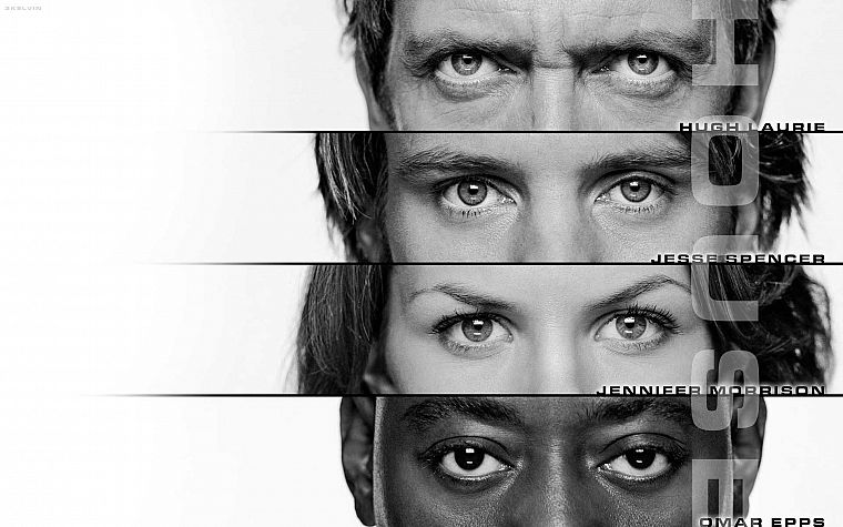 eyes, Jennifer Morrison, grayscale, Hugh Laurie, Gregory House, Omar Epps, Jesse Spencer - desktop wallpaper