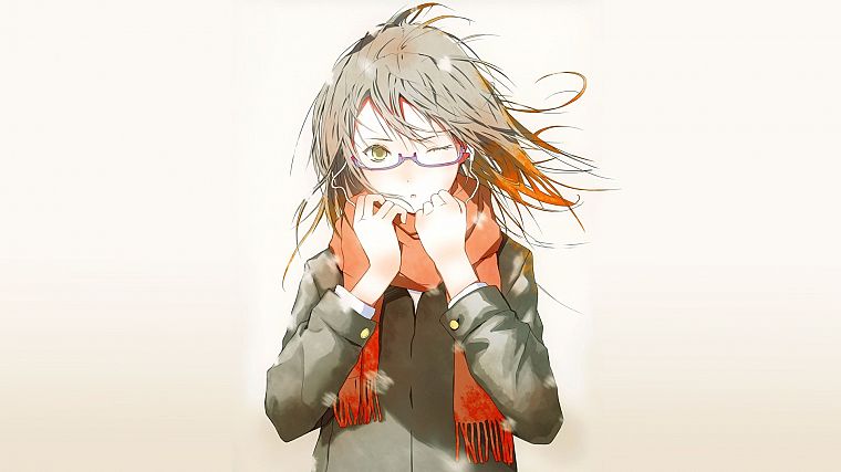 Fuyuno Haruaki, meganekko, scarfs, simple background, anime girls - desktop wallpaper
