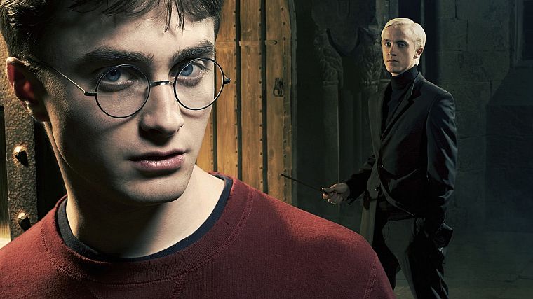 Harry Potter, Harry Potter and the Half Blood Prince, actors, Daniel Radcliffe, Tom Felton, Draco Malfoy, men with glasses - desktop wallpaper