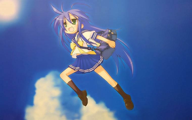 Lucky Star, school uniforms, The Girl Who Leapt Through Time, anime, Izumi Konata, skies, knee socks - desktop wallpaper