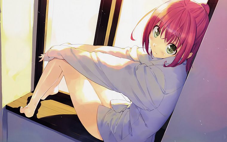 redheads, window, green eyes, pink hair, shirts, blouse, anime girls, Akizora ni Mau Confetti - desktop wallpaper