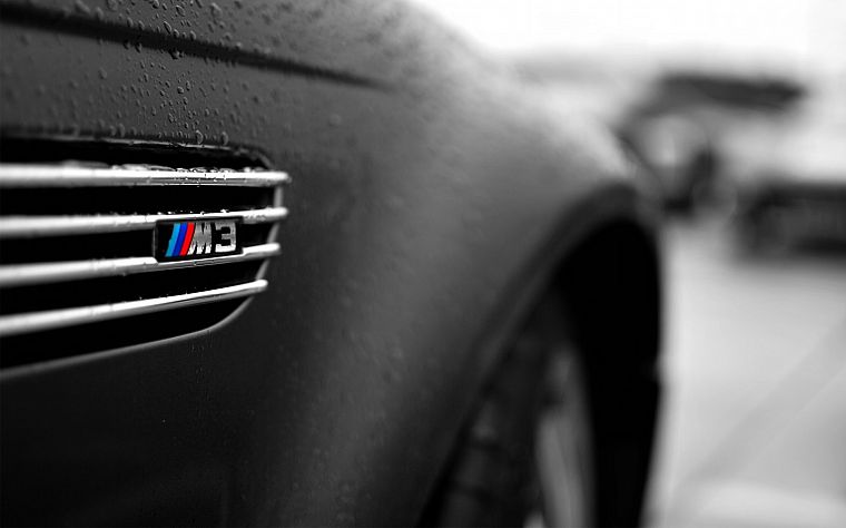 close-up, BMW, black, cars, wet, vehicles, selective coloring, logos, BMW M3, matte - desktop wallpaper