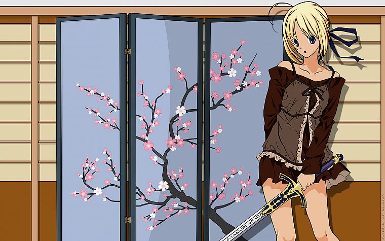 blondes, cherry blossoms, Fate/Stay Night, anime, Saber, anime girls, swords, Fate series - desktop wallpaper
