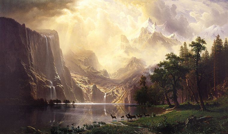 paintings, mountains, clouds, landscapes, animals, deer, California, Sierra Nevadas, waterfalls - desktop wallpaper