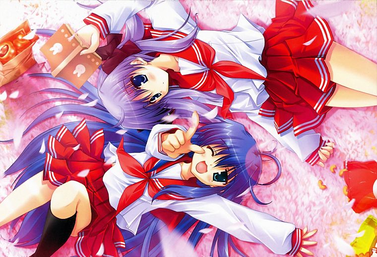 Lucky Star, school uniforms, Hiiragi Kagami, Izumi Konata, anime girls, knee socks - desktop wallpaper
