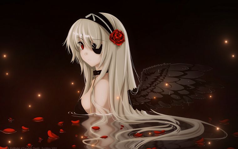 water, wings, flowers, long hair, red eyes, collar, headbands, white hair, flower petals, Misaki Kurehito - desktop wallpaper