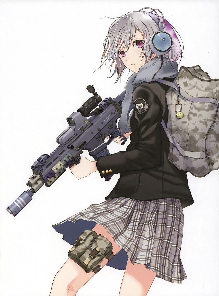 headphones, skirts, weapons, Fuyuno Haruaki, assault rifle, purple eyes, simple background, anime girls, backpacks, ACR - desktop wallpaper