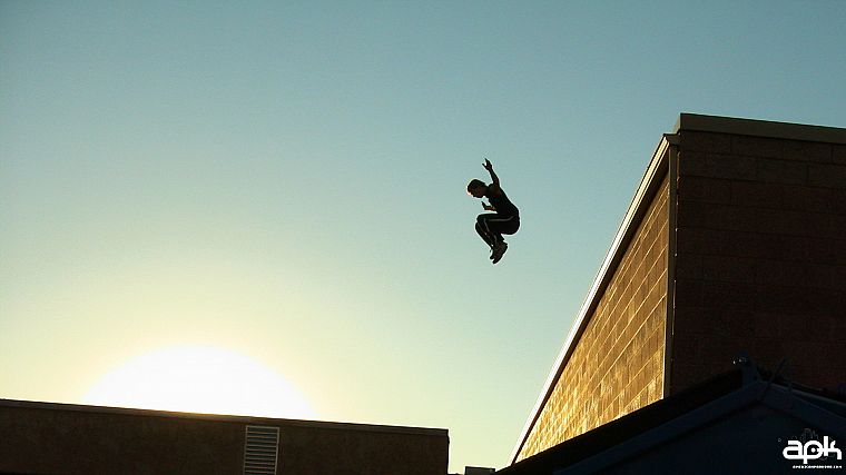 sunset, jumping, buildings, parkour, blue skies - desktop wallpaper