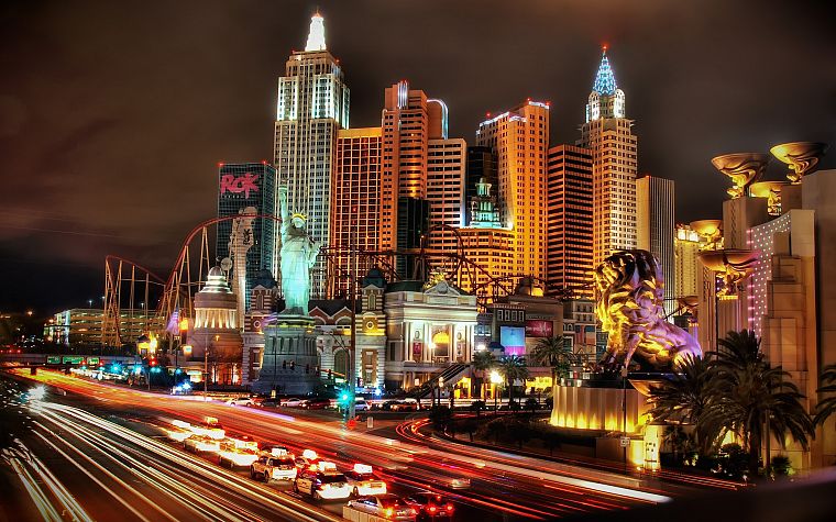 cityscapes, night, Las Vegas, buildings, New York City, traffic lights, grand, palm trees, lions - desktop wallpaper
