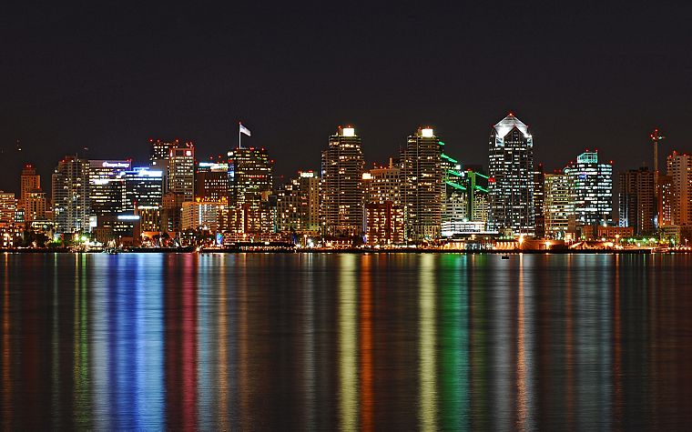 water, cityscapes, skylines, architecture, buildings, San Diego, nightlights, reflections - desktop wallpaper