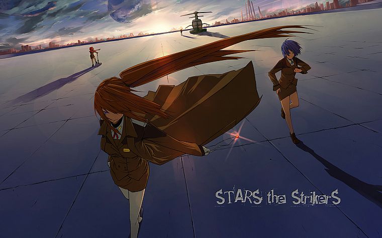 Mahou Shoujo Lyrical Nanoha, uniforms, helicopters, stars, Subaru, purple hair, vehicles, anime girls - desktop wallpaper