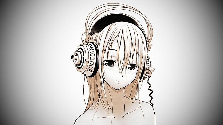 headphones, anime, Super Sonico, simple background - desktop wallpaper