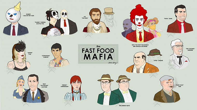 Ronald McDonald, KFC, McDonalds, wendys, fast food, Burger King, mascot, fast food mafia - desktop wallpaper