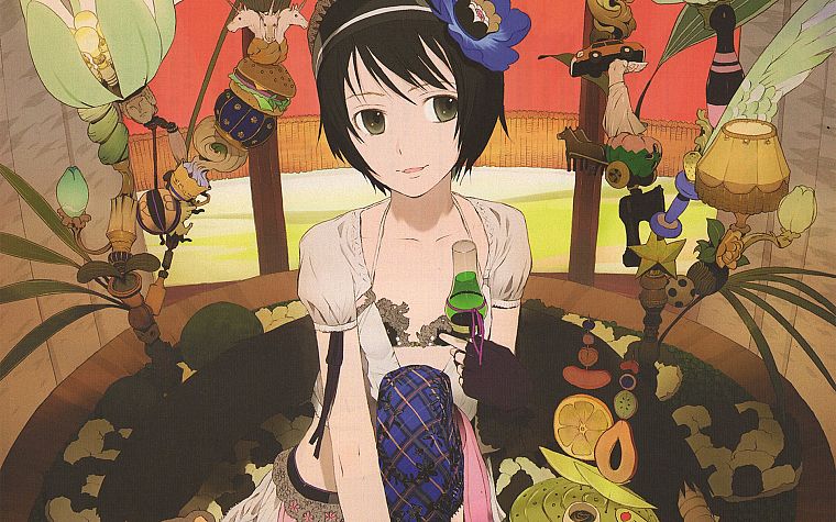 brunettes, flowers, green eyes, short hair, anime girls - desktop wallpaper