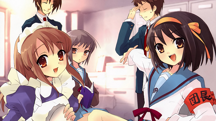 school uniforms, Asahina Mikuru, Nagato Yuki, The Melancholy of Haruhi Suzumiya, Koizumi Itsuki, anime boys, anime girls, Suzumiya Haruhi - desktop wallpaper