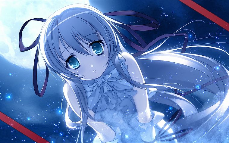 blue, night, blue eyes, long hair, anime, anime girls, Demonbane - desktop wallpaper