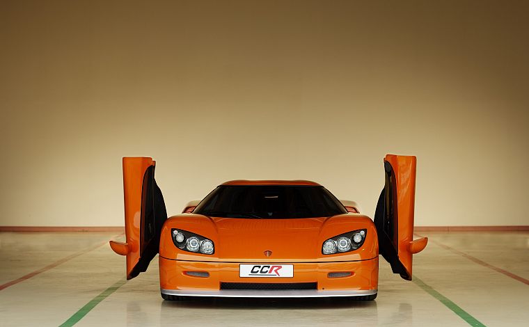 cars, orange, vehicles, Koenigsegg CCR, front view, open doors - desktop wallpaper