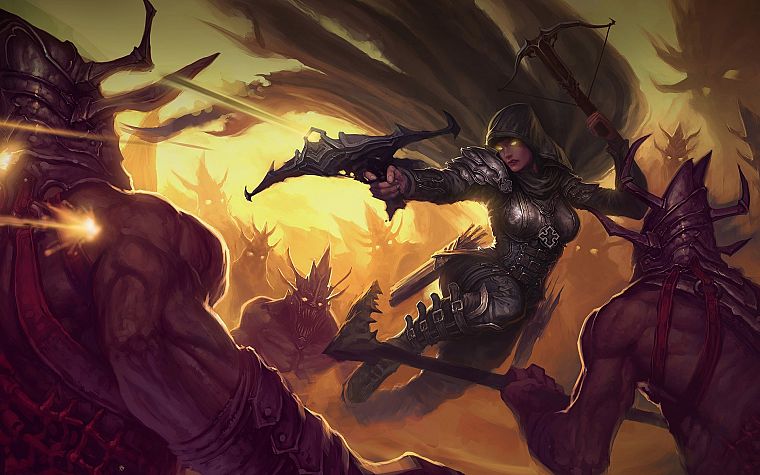 women, video games, Demon Hunter, battles, artwork, Diablo III, crossbows - desktop wallpaper