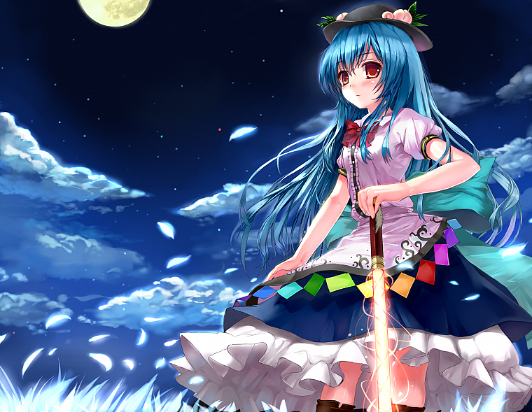 Touhou, night, Moon, long hair, weapons, blue hair, red eyes, Hinanawi Tenshi, flower petals, skyscapes, hats, girls with swords, swords - desktop wallpaper