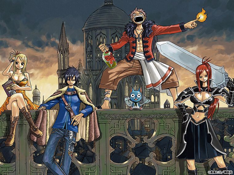 Fairy Tail, Scarlet Erza, Fullbuster Gray, Dragneel Natsu, Happy (Fairy Tail), Heartfilia Lucy - desktop wallpaper
