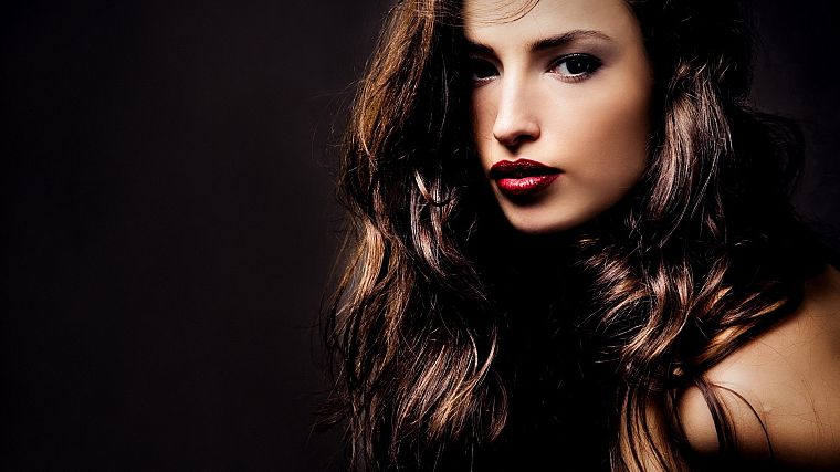 brunettes, women, lips, faces, black background - desktop wallpaper