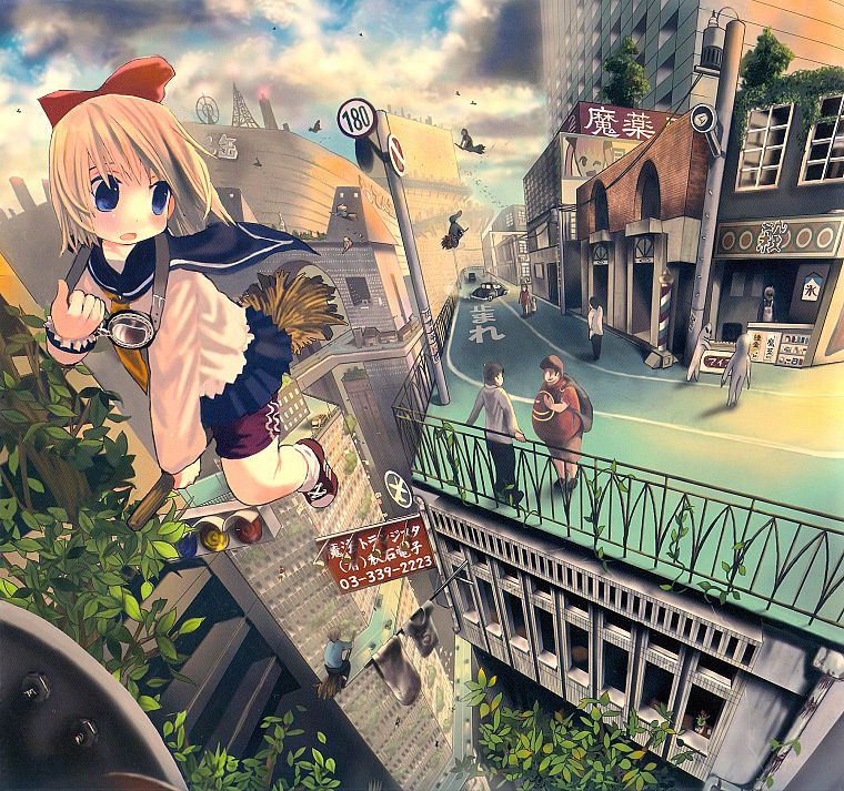 brunettes, blondes, clouds, trees, cityscapes, flying, blue eyes, school uniforms, schoolgirls, skirts, outdoors, socks, buildings, fantasy art, goggles, traffic lights, short hair, skyscrapers, brooms, scenic, blush, bows, open mouth, anime boys, bracele - desktop wallpaper