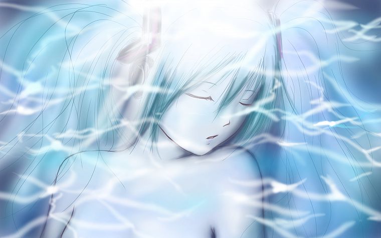 water, Vocaloid, Hatsune Miku, green hair, sleeping - desktop wallpaper