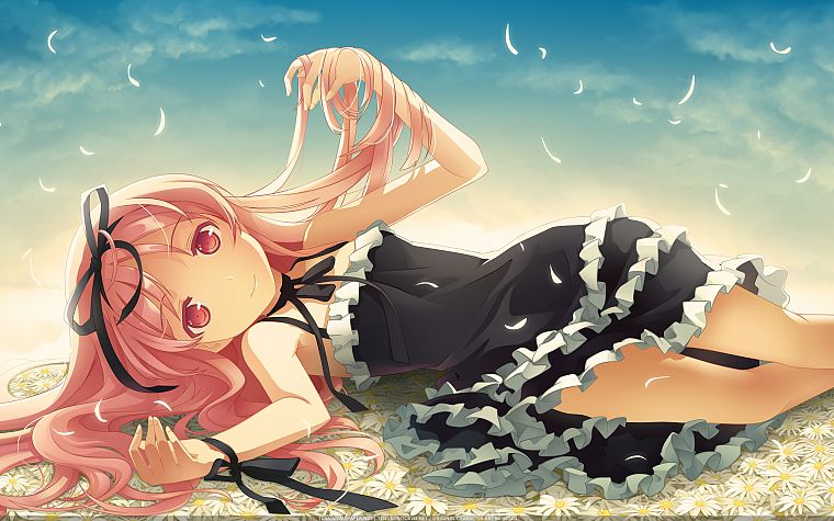 dress, pink hair, red eyes, visual novels, anime, flower petals, anime girls, H2SO4 (Illustrator), Garden (Cuffs), Himemiya Ruri - desktop wallpaper