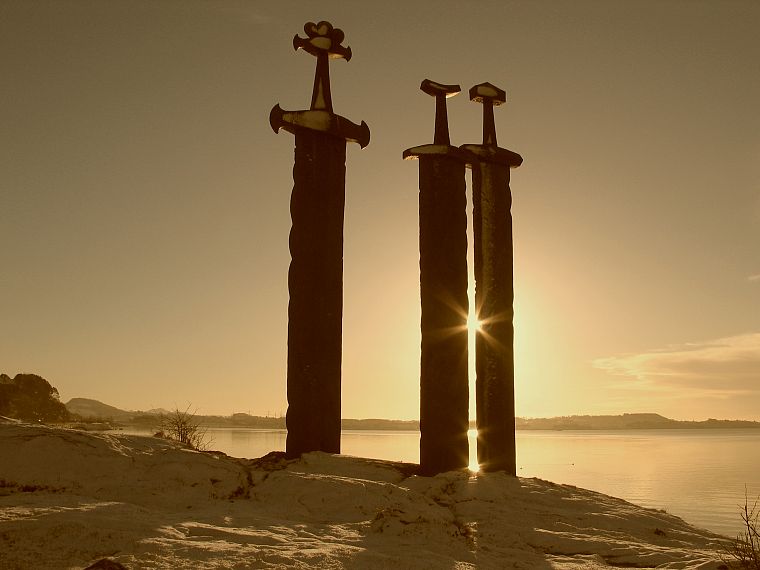 sunset, swords, Norse, viking swords - desktop wallpaper