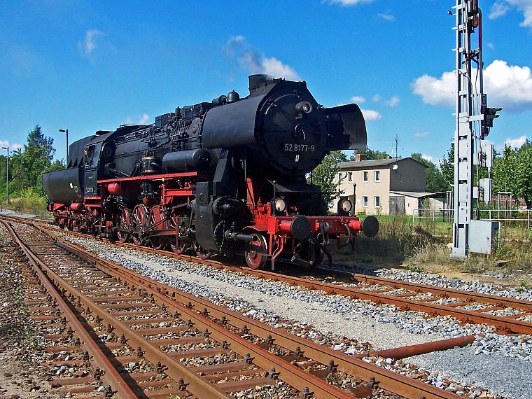 Germany, trains, railroad tracks, steam engine, vehicles, locomotives, steam locomotives, BR52, 2-10-0 - desktop wallpaper
