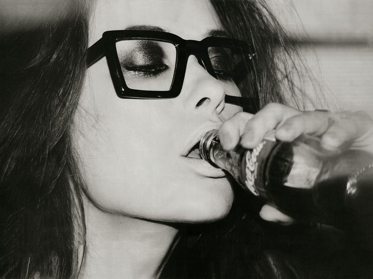 women, nerd, glasses, monochrome, drinking - desktop wallpaper