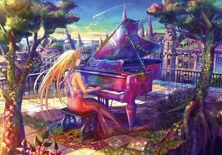 piano, multicolor, anime, Fuji Choko - desktop wallpaper