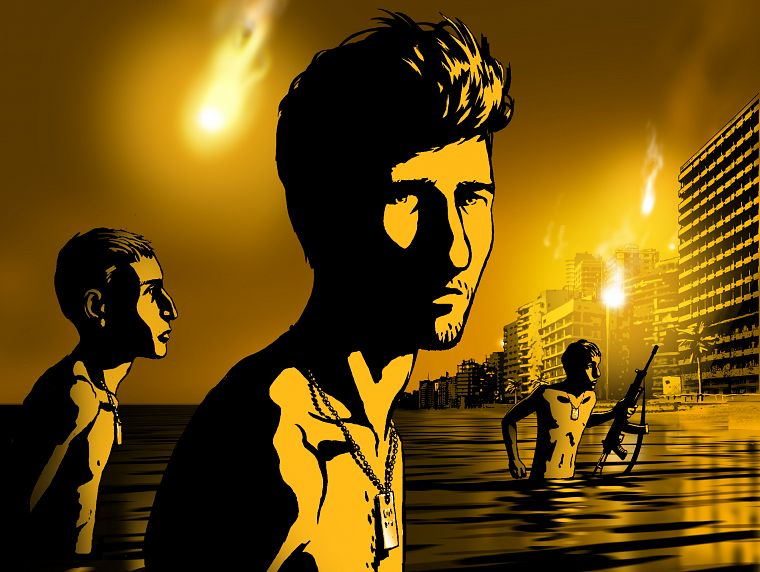 guns, buildings, Waltz with Bashir, dogtags, sea - desktop wallpaper