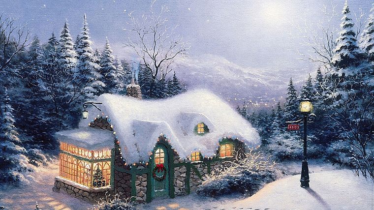 winter, houses, fantasy art - desktop wallpaper