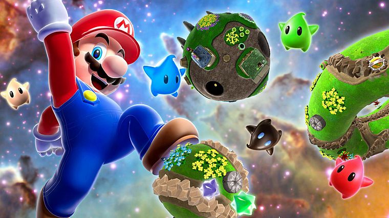 Nintendo, video games, galaxies, Mario, jumping, Super Mario Galaxy, arms raised - desktop wallpaper