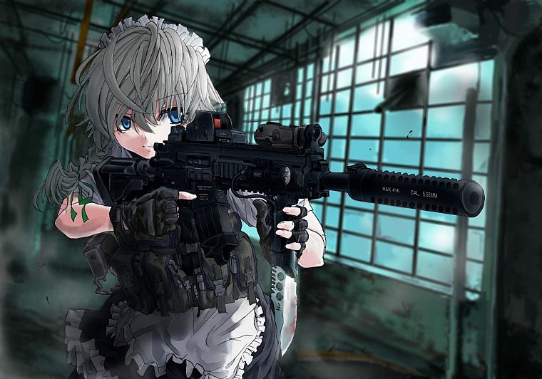 Touhou, machine gun, Izayoi Sakuya, Heckler and Koch, silencer, Terabyte, anime girls - desktop wallpaper