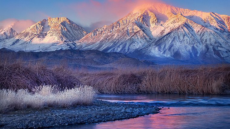 sunset, mountains, landscapes, nature, snow, grass, rivers - desktop wallpaper