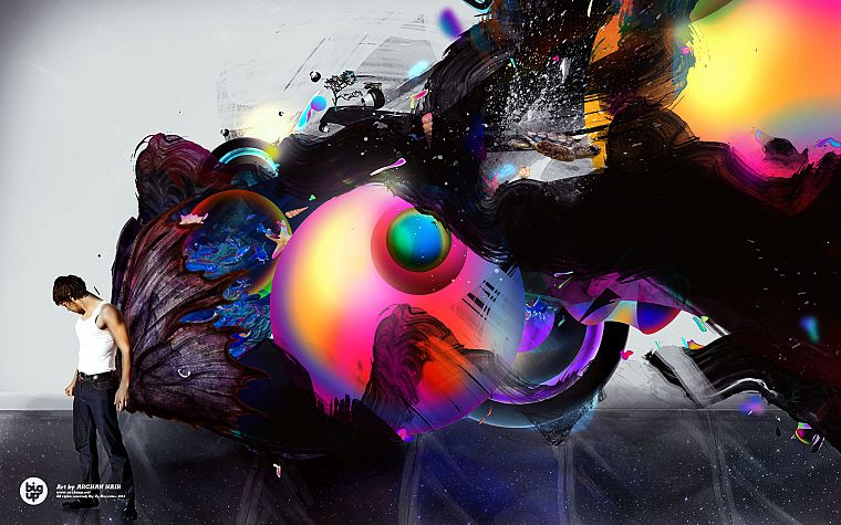 abstract, wings, trees, multicolor, men, artwork, paint splatter - desktop wallpaper