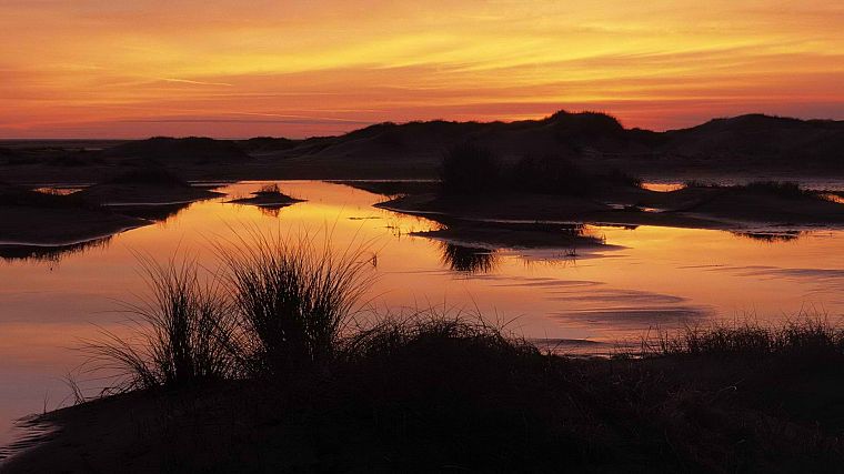 sunset, landscapes, islands, Holland, sand dunes, reflections - desktop wallpaper