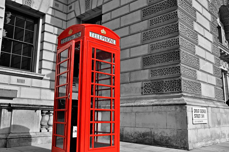 black, red, white, old, Britain, London, selective coloring, sidewalks, phone booth, English Telephone Booth - desktop wallpaper