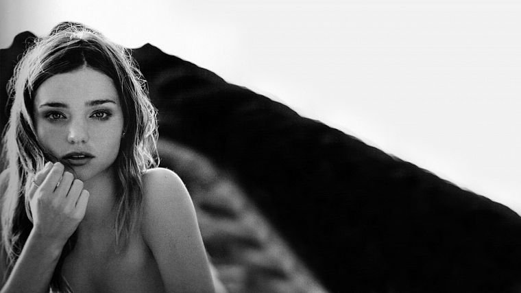 women, Miranda Kerr, models, grayscale, monochrome, portraits - desktop wallpaper