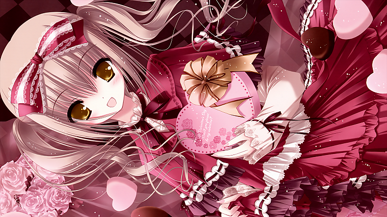 blondes, dress, flowers, chocolate, ribbons, Valentines Day, anime, hearts, golden eyes, Tinkle Illustrations, roses, anime girls - desktop wallpaper