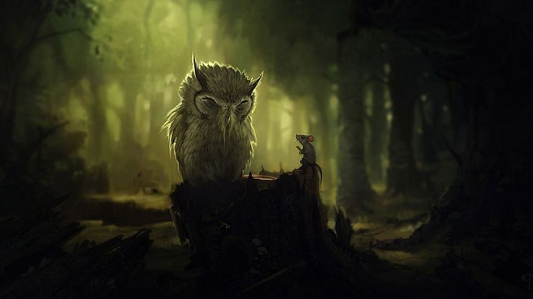 forests, birds, fantasy art, owls, artwork, mice - desktop wallpaper