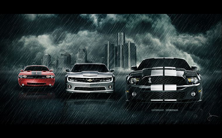 cars, muscle cars, vehicles, Chevrolet Camaro, sports cars, Dodge Challenger SRT, Ford Mustang Cobra, Ford Mustang Shelby GT500 - desktop wallpaper