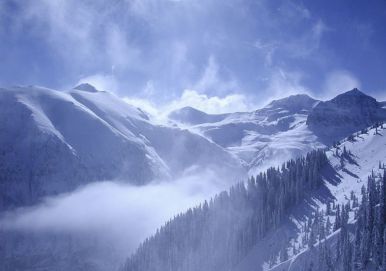 mountains, clouds, nature, winter, snow, trees - desktop wallpaper