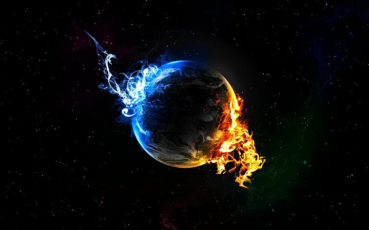 water, outer space, planets, fire, Earth, elements, black background - desktop wallpaper