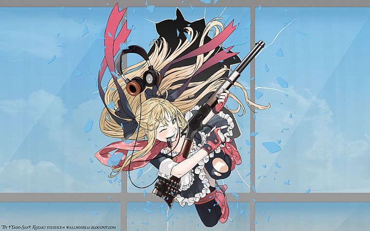 headphones, blondes, rifles, weapons, torn clothing, maid costumes, anime girls - desktop wallpaper