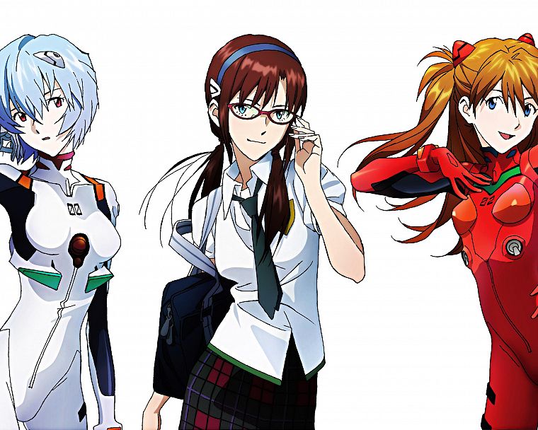 school uniforms, Ayanami Rei, Neon Genesis Evangelion, Makinami Mari Illustrious, Asuka Langley Soryu, simple background - desktop wallpaper